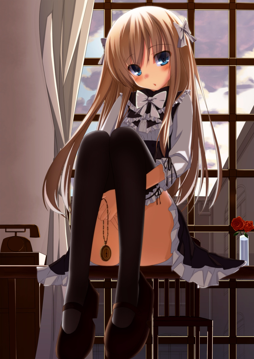 black_legwear blonde_hair blue_eyes blush bow chair curtains flower hair_bow highres holding legs_up long_hair looking_at_viewer original pastel-pastel phone red_rose rose sitting skirt solo table thigh-highs thighhighs window