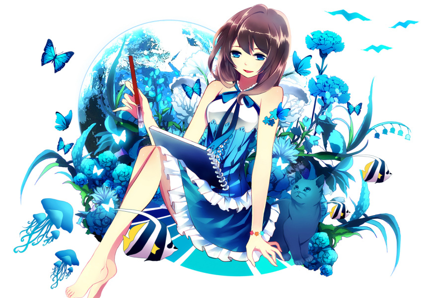 barefoot blue_eyes brown_hair butterfly cat fish original paintbrush xianguang