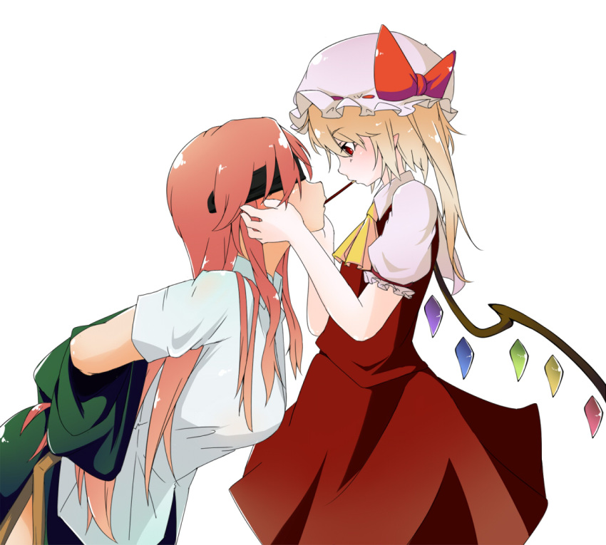 alternate_hairstyle bacho blindfold blonde_hair blush bow flandre_scarlet hat hat_bow hong_meiling long_hair multiple_girls pocky pocky_kiss pointy_ears red_eyes restrained shared_food sharing_food side_ponytail touhou wings yuri