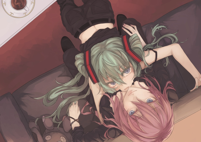 2girls blue_eyes couch doll from_above green_eyes green_hair hatsune_miku kyouya_(mukuro238) long_hair looking_at_viewer looking_up megurine_luka multiple_girls red_hair smile stuffed_animal stuffed_toy twintails vocaloid yuri