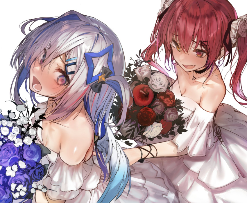 2girls :d akieda amane_kanata anger_vein bangs bare_shoulders black_choker blue_flower blue_hair blue_rose bouquet choker collarbone colored_inner_hair commentary_request dress eyebrows_visible_through_hair fang flower hair_between_eyes highres hololive houshou_marine long_hair looking_at_another multicolored_hair multiple_girls off-shoulder_dress off_shoulder open_mouth poking red_eyes red_flower red_rose redhead rose short_sleeves simple_background skin_fang smile streaked_hair twintails virtual_youtuber wedding_dress white_dress white_flower white_rose yellow_eyes