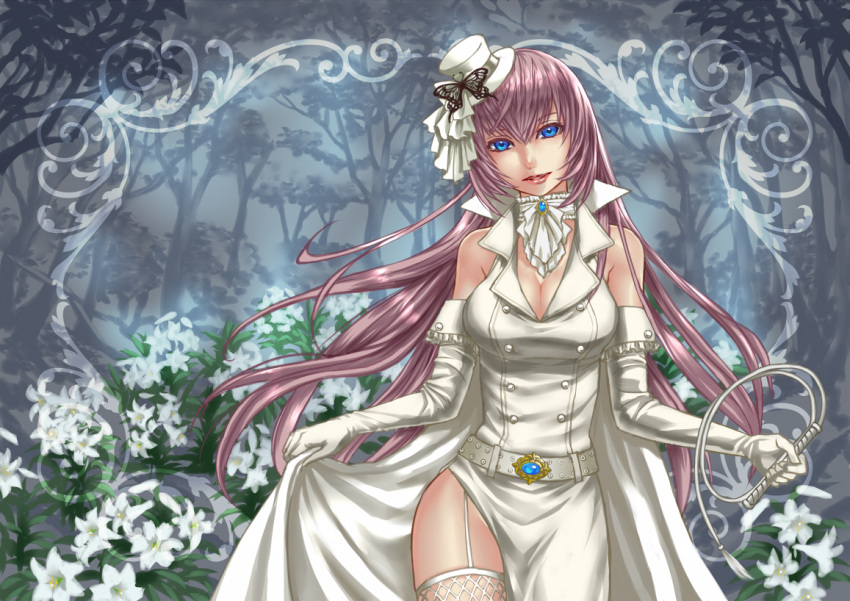 belt breasts butterfly choker cleavage elbow_gloves fishnet_legwear fishnets flower garter_straps gloves hamura_mayu hat high_collar large_breasts lipstick long_hair makeup megurine_luka mini_top_hat pink_hair side_slit solo top_hat tree very_long_hair vocaloid whip