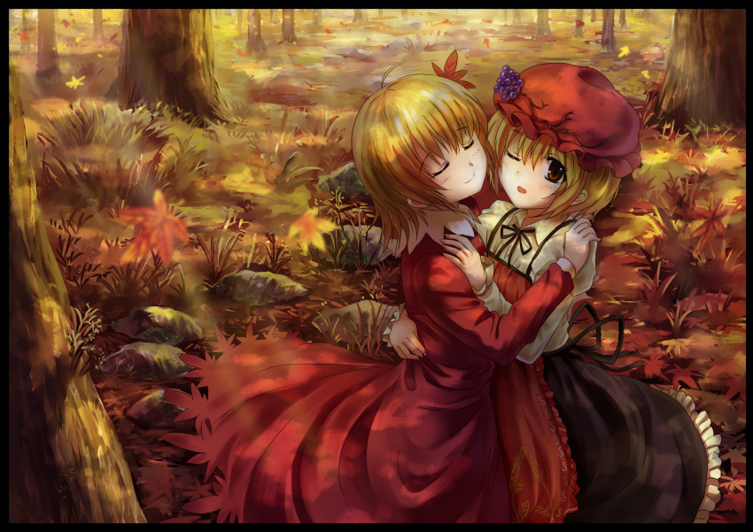 ;d absurdres ahoge aki_minoriko aki_shizuha autumn_leaves blonde_hair blush border closed_eyes dress eyes_closed food fruit grapes grass hair_ornament hand_on_another's_shoulder hand_on_another's_shoulder hat highres hug multiple_girls open_mouth red_eyes short_hair siblings sisters smile touhou tree wink yinzhai