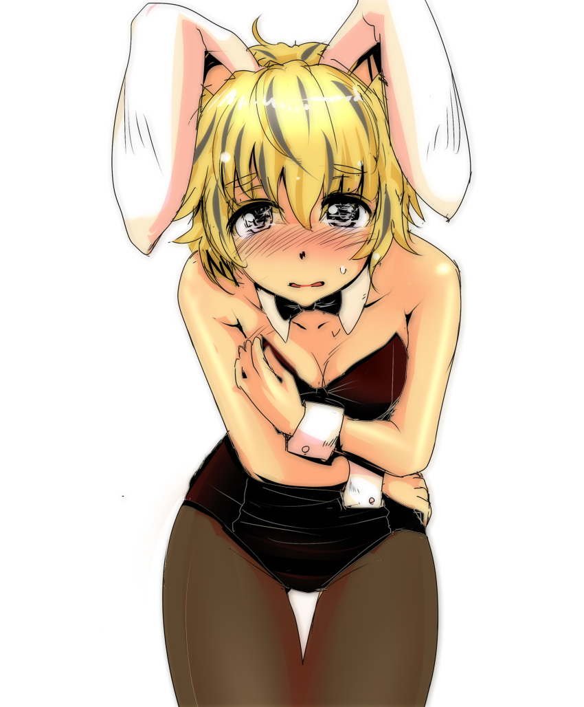 absurdres animal_ears bare_shoulders black_hair blonde_hair bow breasts bunny_ears bunny_girl bunnysuit cleavage detached_collar female highres ishikkoro multicolored_hair open_mouth pantyhose rabbit_ears short_hair solo sweatdrop toramaru_shou touhou transparent_background two-tone_hair wrist_cuffs