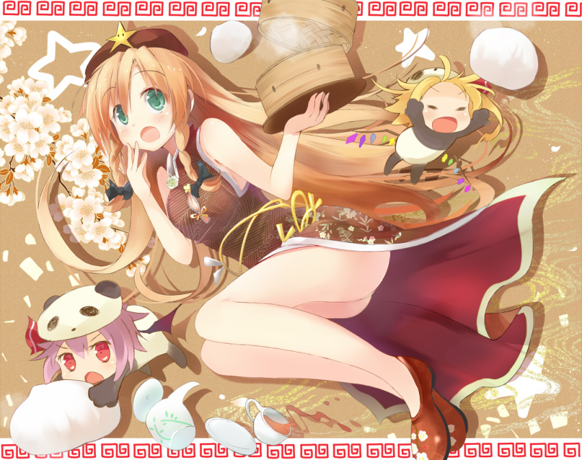 =_= animal_costume aqua_eyes bamboo_steamer bare_shoulders bat_wings blonde_hair blush braid brown_hair chibi china_dress chinese_clothes cup efe flandre_scarlet food hat holding hong_meiling long_hair multiple_girls nikuman open_mouth panda_costume purple_hair red_eyes remilia_scarlet saucer short_hair sleeveless star teacup touhou twin_braids wings