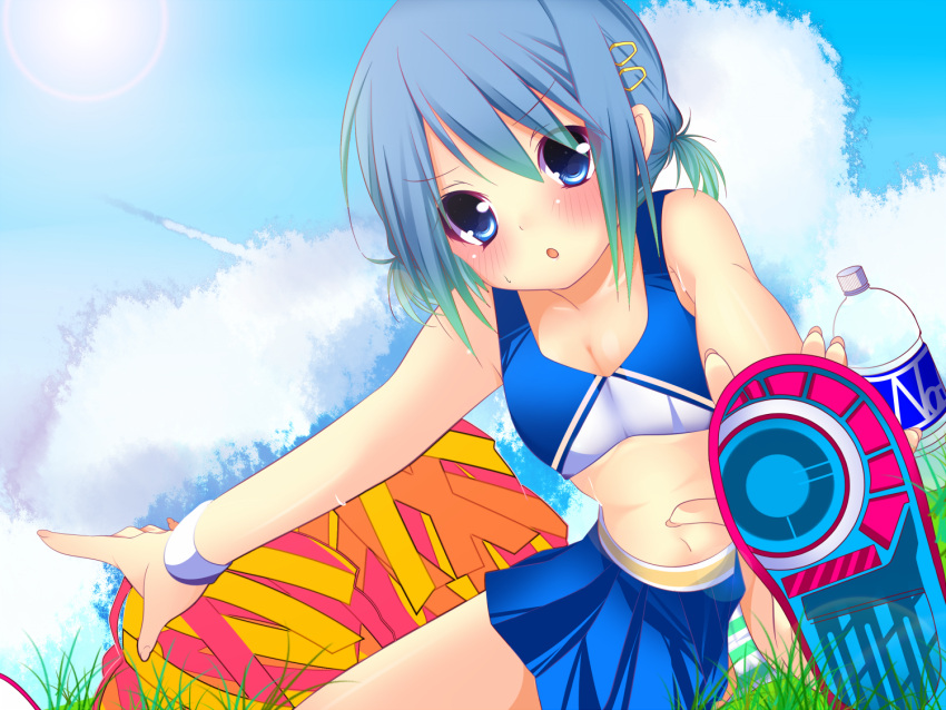 alternate_hairstyle blue_eyes blue_hair blush bottle cheerleader cloud clouds foreshortening hair_ornament hairclip haruta_(806060) mahou_shoujo_madoka_magica midriff miki_sayaka navel panties pantyshot pom_poms shoes short_hair short_twintails sky solo stretch striped striped_panties sweat twintails underwear water_bottle wristband