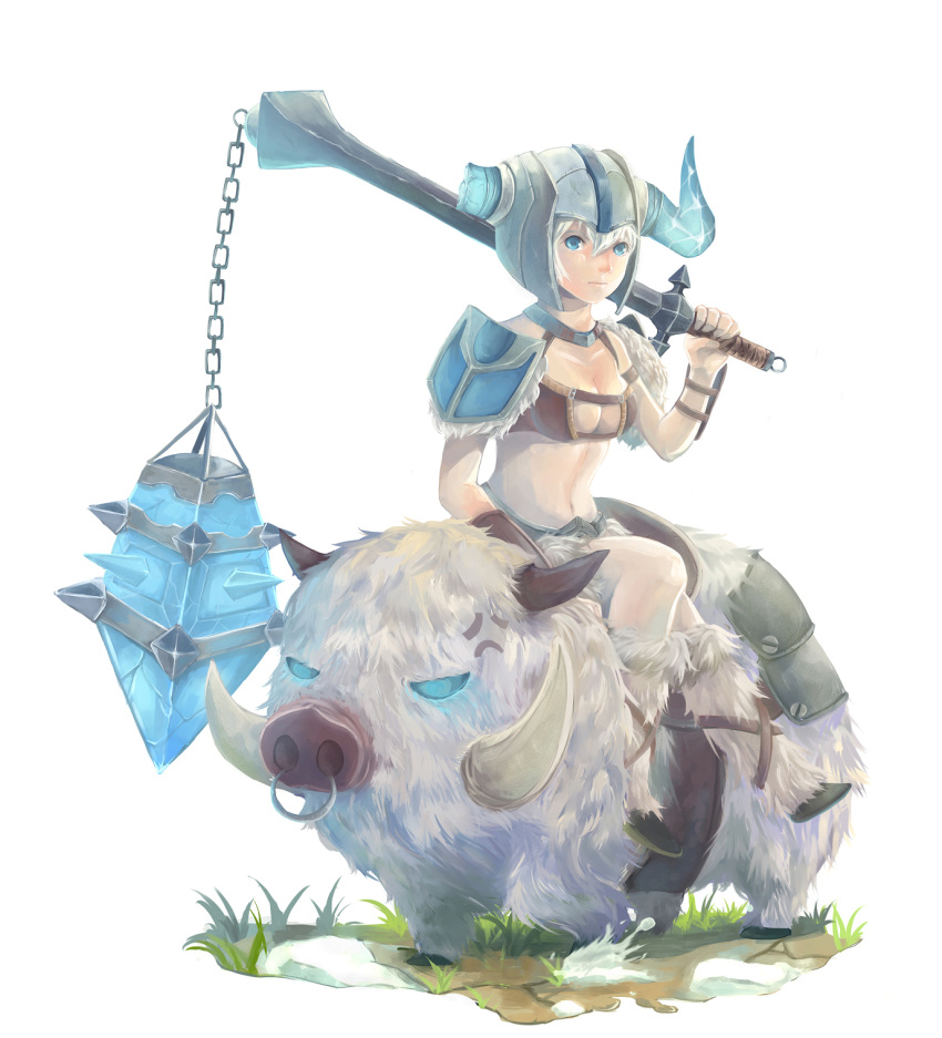 anger_vein blue_eyes boar breasts bristle cleavage flail helmet highres league_of_legends mace morning_star nose_ring piercing sejuani short_hair shoulder_pads weapon white_hair yupi_(yupi)