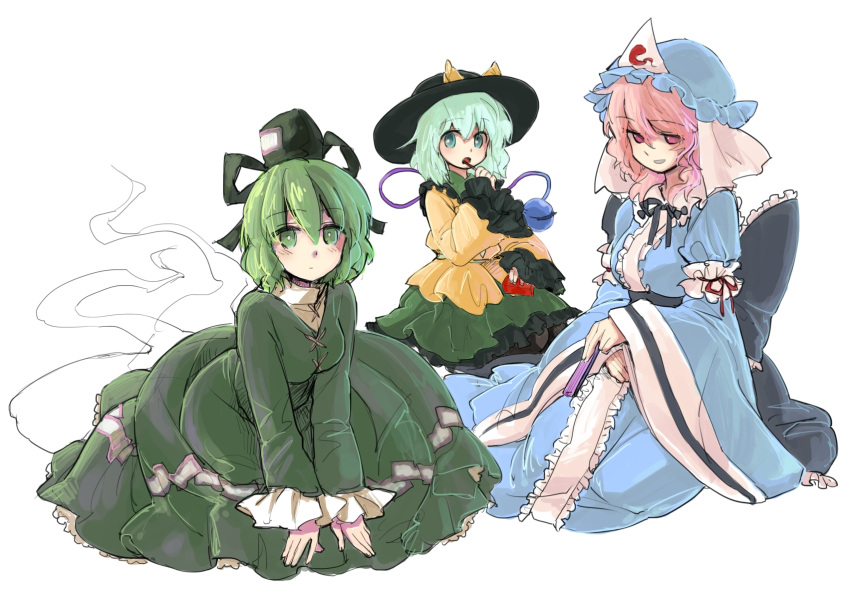 chagen_kokimu green_eyes green_hair hat highres japanese_clothes komeiji_koishi long_sleeves multiple_girls pink_eyes pink_hair pocky saigyouji_yuyuko short_hair smile soga_no_tojiko soga_no_tojuko tate_eboshi third_eye touhou wide_sleeves