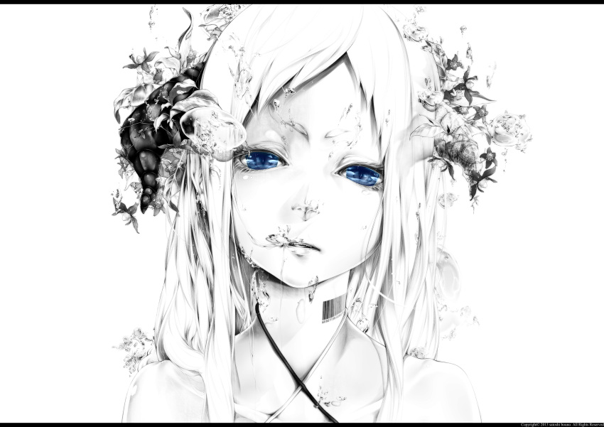 1girl absurdres barcode blue_eyes bouno_satoshi bubble highres horns leaf monochrome original parted_lips partially_colored slit_pupils solo