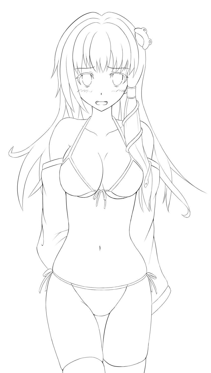 absurdres bikini blush breasts gomu_udon highres kochiya_sanae lineart long_hair looking_at_viewer monochrome open_mouth solo swimsuit touhou