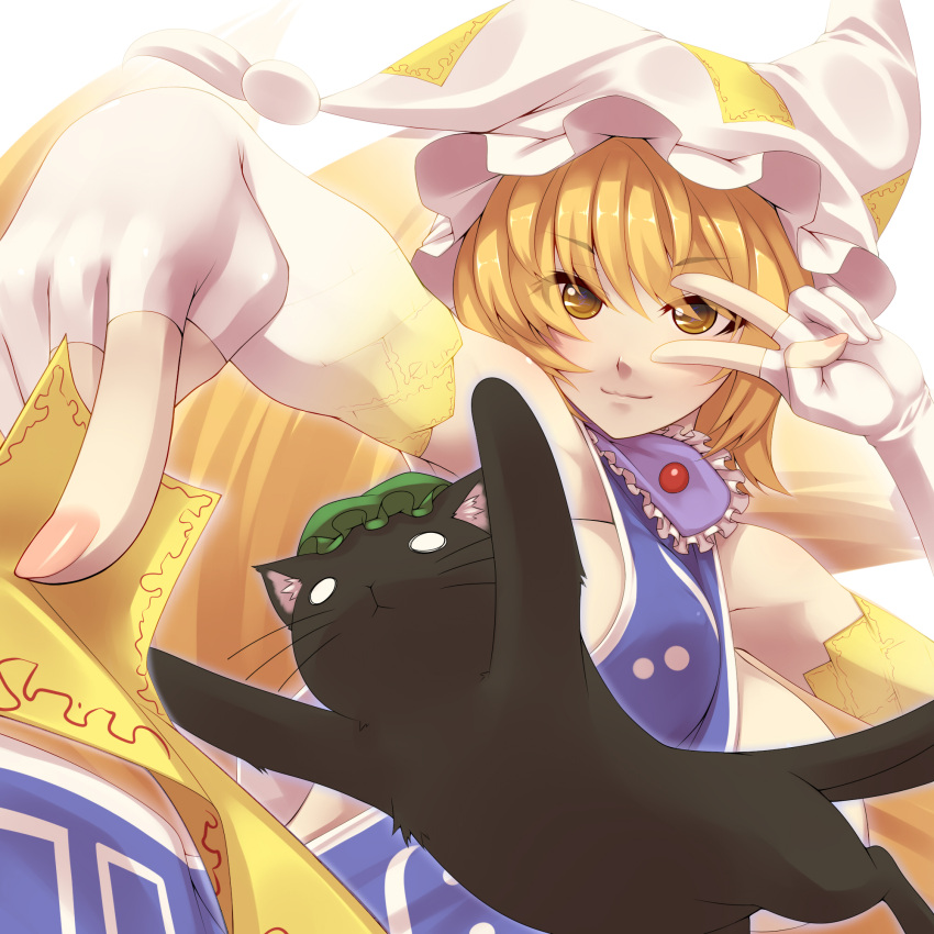 bare_shoulders black_cat blonde_hair breasts cat chen chen_(cat) elbow_gloves fingerless_gloves foreshortening fox_tail gloves hands hat highres multiple_tails naked_tabard ofuda revision short_hair sideboob smile symbol-shaped_pupils tabard tail touhou tro v_over_eye white_gloves yakumo_ran yellow_eyes