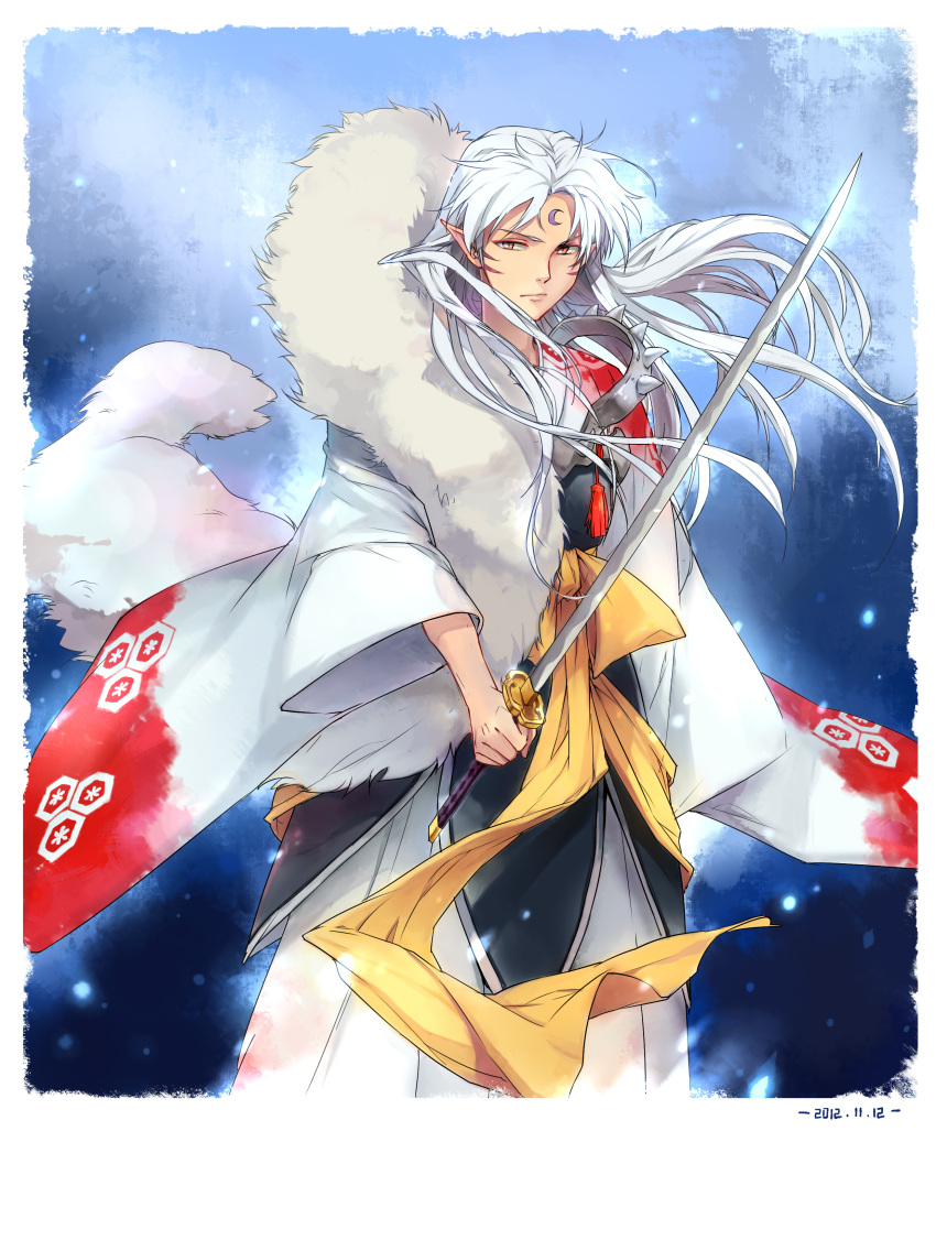 absurdres crescent facial_mark forehead_mark fur highres inuyasha japanese_clothes linjie long_hair male pointy_ears sesshoumaru solo sword weapon white_hair yellow_eyes