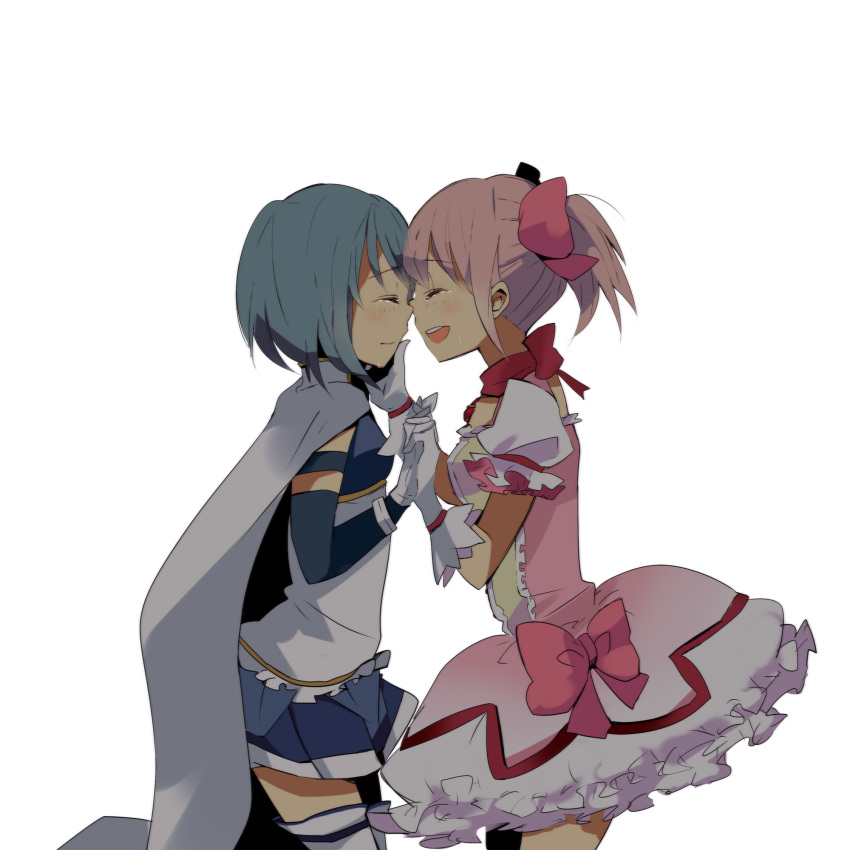 blue_hair bow bubble_skirt cape closed_eyes eyes_closed face-to-face gloves hair_bow hand_holding hand_on_another's_face hand_on_another's_face highres holding_hands kaname_madoka magical_girl mahou_shoujo_madoka_magica meno miki_sayaka multiple_girls nose_touching noses_touching pink_hair revision short_hair short_twintails simple_background skirt tears thigh-highs thighhighs twintails zettai_ryouiki