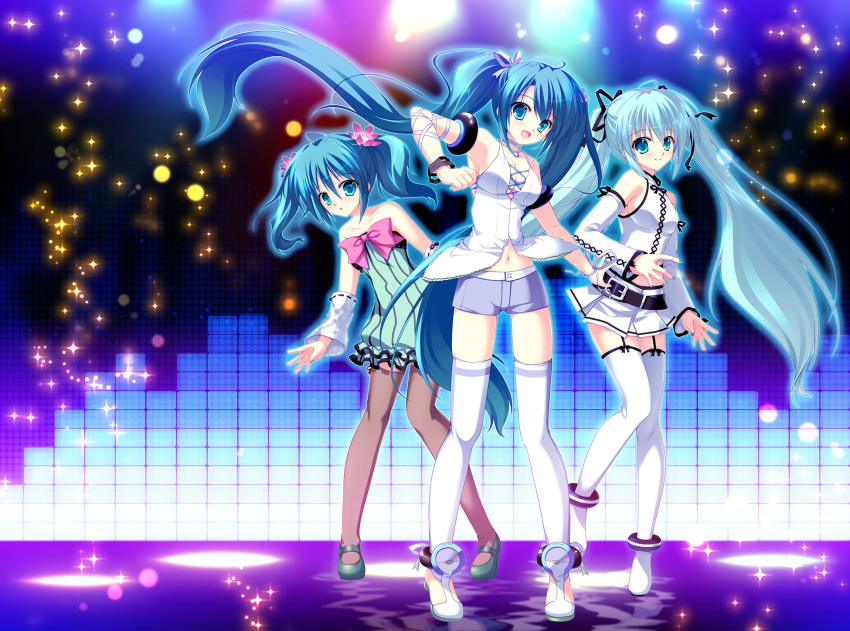 ahoge aqua_eyes aqua_hair bare_shoulders blue_eyes blue_hair bow detached_sleeves flower hair_bow hair_flower hair_ornament hair_ribbon hatsune_miku highres long_hair looking_at_viewer mikeou multiple_girls multiple_persona open_mouth pantyhose project_diva project_diva_2nd ribbon shoes skirt smile sparkle thigh-highs thighhighs twintails very_long_hair vocaloid white_legwear zettai_ryouiki