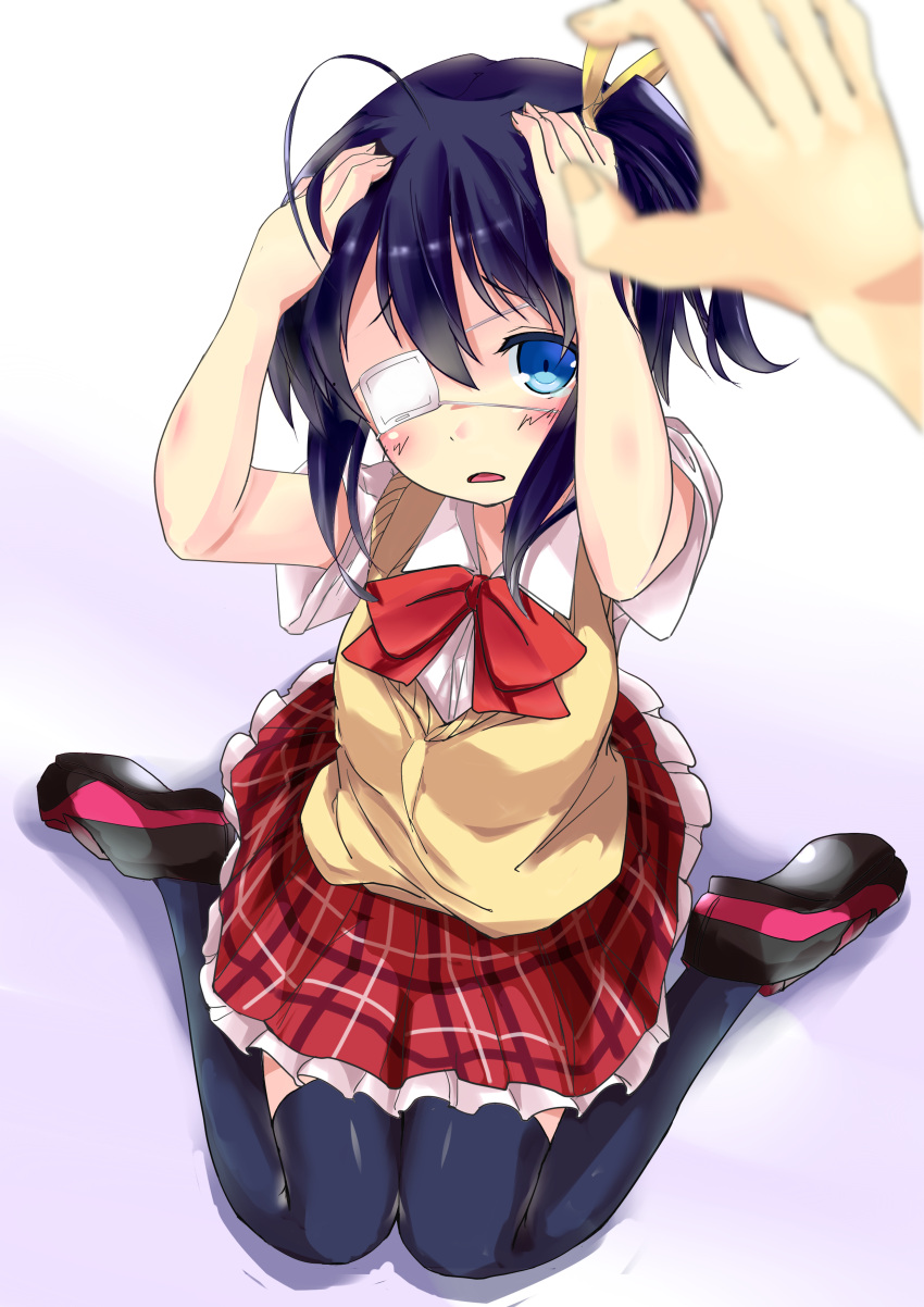 absurdres ahoge black_hair black_legwear blue_eyes blurry chuunibyou_demo_koi_ga_shitai! depth_of_field eyepatch hands_on_head highres nagisa_(imizogami) plaid plaid_skirt school_uniform short_hair side_ponytail single_hand sitting skirt solo sweater_vest takanashi_rikka thigh-highs thighhighs wariza