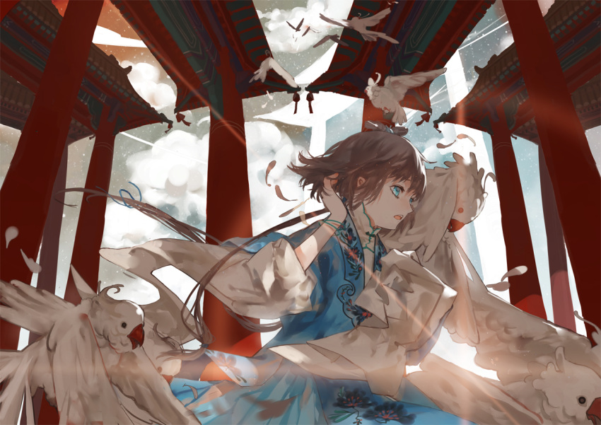 animal brown_hair gate luo_tianyi parrot sunlight vocaloid xiayu93