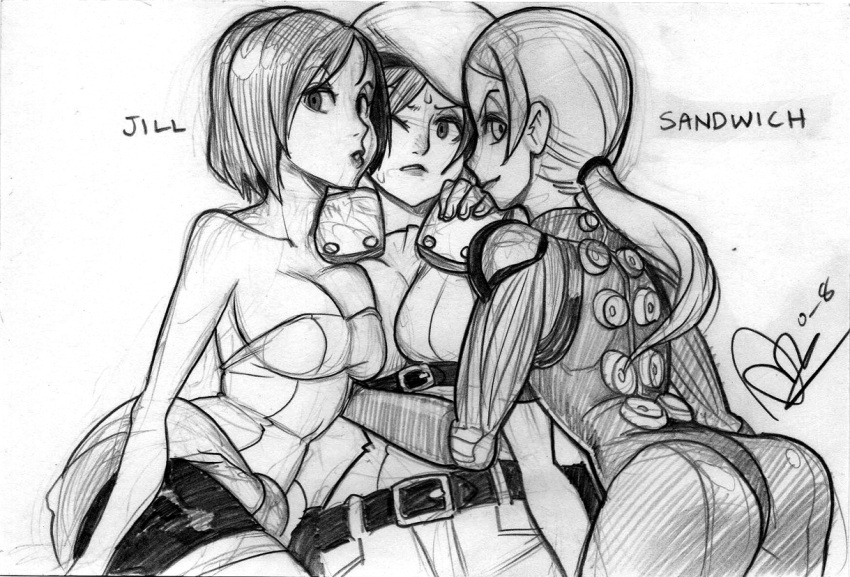 alex_ahad ass beret bodysuit breast_press breasts cleavage girl_sandwich hat hug jill_valentine large_breasts long_hair miniskirt monochrome multiple_girls multiple_persona ponytail resident_evil resident_evil_3 resident_evil_5 short_hair shoulder_pads signature sketch skirt strapless sweater_around_waist time_paradox traditional_media