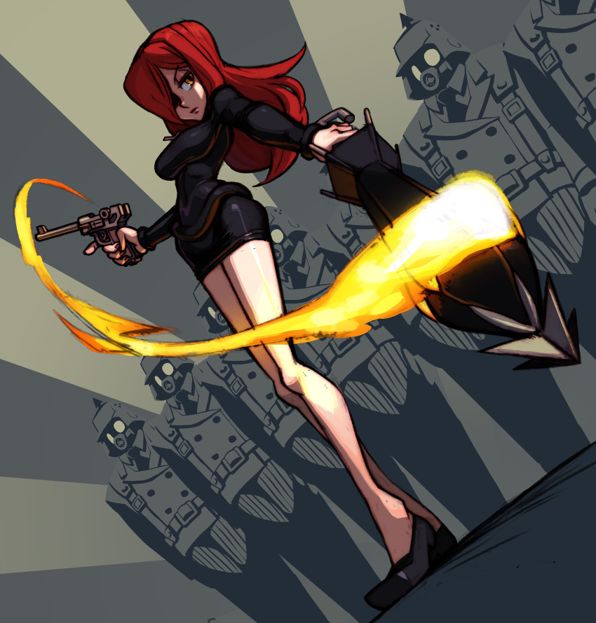 absurdres alex_ahad bare_legs black_egrets breasts dutch_angle gun hair_over_one_eye handgun highres legs long_hair luger_p08 miniskirt official_art parasoul_(skullgirls) red_hair redhead skirt skullgirls soldier sweater umbrella weapon yellow_eyes