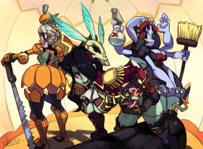 alex_ahad armor beltbra black_hair boots bottle braid breasts broom cannon character_request cleavage corset dark_skin epaulettes extra_arms feathers french_braid green_eyes green_skin hair_feathers hair_ornament hair_over_one_eye halloween headband highres jack-o'-lantern jack-o'-lantern large_breasts maid maid_headdress multiple_girls original purple_skin red_eyes saw signature skull_hair_ornament spider_girl spider_maid_wendy spray_bottle stitches thigh-highs thigh_boots thighhighs white_hair