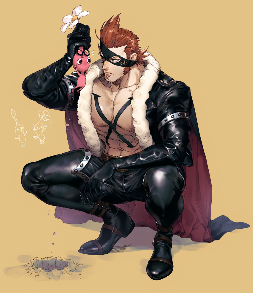 1boy abs bare_pectorals black_pants brown_hair chest_tattoo coby_(one_piece) cross_tattoo eyepatch flower full_body fur-trimmed_jacket fur_trim hair_slicked_back highres holding jacket latex_pants long_sideburns male_focus mask muscular muscular_male nipples one_piece open_clothes open_jacket pants pectorals short_hair sideburns solo_focus sosogi_(qtgejyrkhrng4jk) spiky_hair stomach tattoo tight tight_pants x_drake