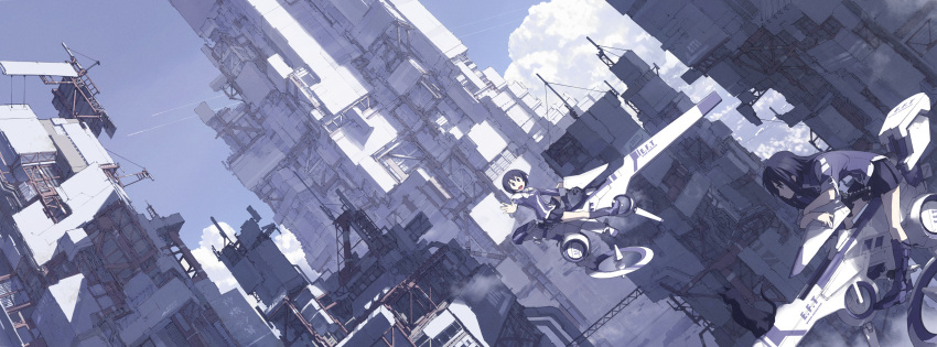 black_eyes black_hair cat city cityscape cloud clouds condensation_trail dutch_angle highres hover_bike long_hair masariro miniskirt multiple_girls open_mouth original revision scenery science_fiction short_hair skirt sky sunlight waving