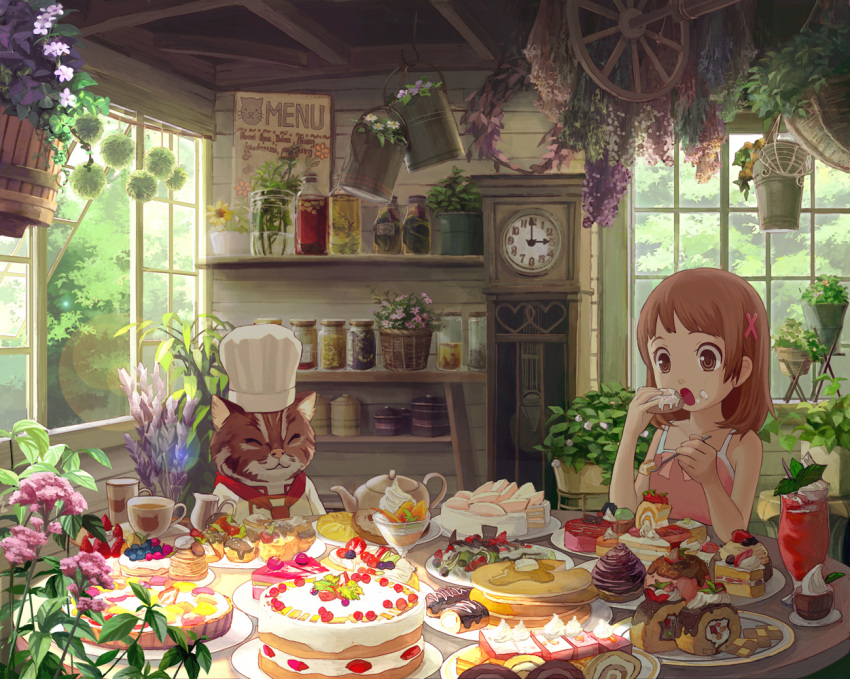 brown_eyes brown_hair butter cake cat checkerboard_cookie chef_hat child clock cookie cup dessert doughnut eating feast flower food food_on_face fruit grandfather_clock harupy hat highres lens_flare mont_blanc_(food) mug original pancake pastry resized revision short_hair strawberry strawberry_shortcake swiss_roll tart_(food) teacup teapot whipped_cream