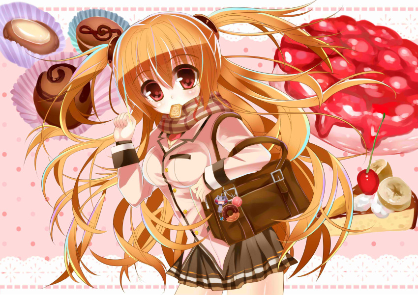 bag blazer breasts brown_hair cassini_m_bisuko food food_in_mouth food_themed_clothes highres long_hair looking_at_viewer mouth_hold original plaid plaid_scarf red_eyes sakko0212 scarf school_bag school_uniform skirt two_side_up very_long_hair
