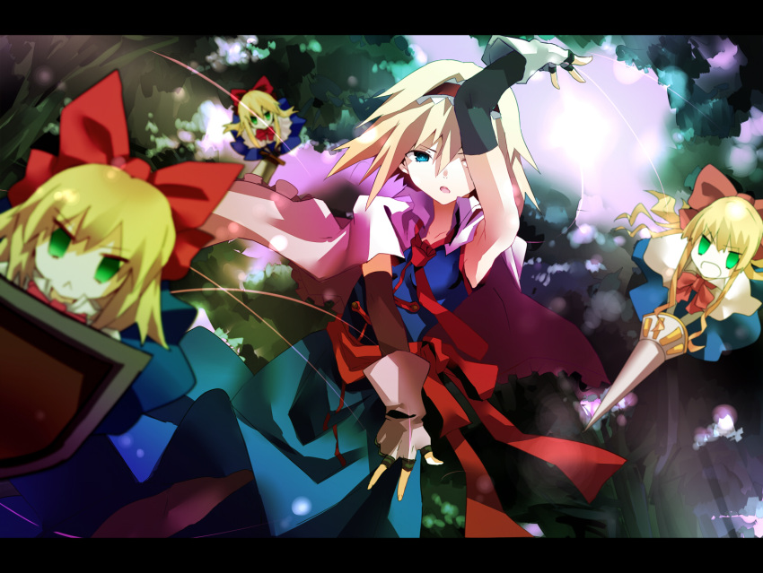 :&lt; alice_margatroid blonde_hair blue_eyes capelet doll forest gloves green_eyes hairband highres lance long_hair mephist-pheles nature open_mouth polearm shanghai shield short_hair solo sword touhou weapon