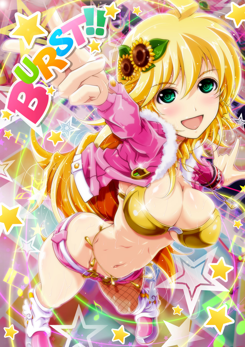 \m/ absurdres ahoge belly_chain blonde_hair breasts cool_&amp;_sexy_(idolmaster) fishnet_pantyhose fishnets flower foreshortening from_above fur_trim green_eyes hair_flower hair_ornament highres hoshii_miki idolmaster jacket katsuki_yousuke large_breasts long_hair midriff musical_note navel open_mouth pantyhose revision short_shorts shorts single_thighhigh smile solo star sunflower sweat thigh-highs thighhighs