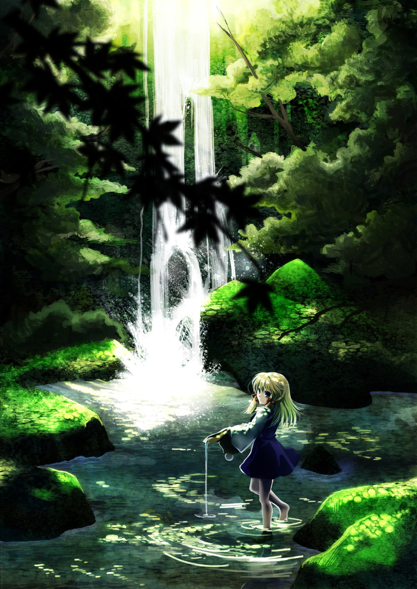 barefoot blonde_hair branch forest green_eyes hat hat_removed headwear_removed highres leaf long_sleeves moriya_suwako nature revision short_hair socha solo standing touhou tree water waterfall wide_sleeves