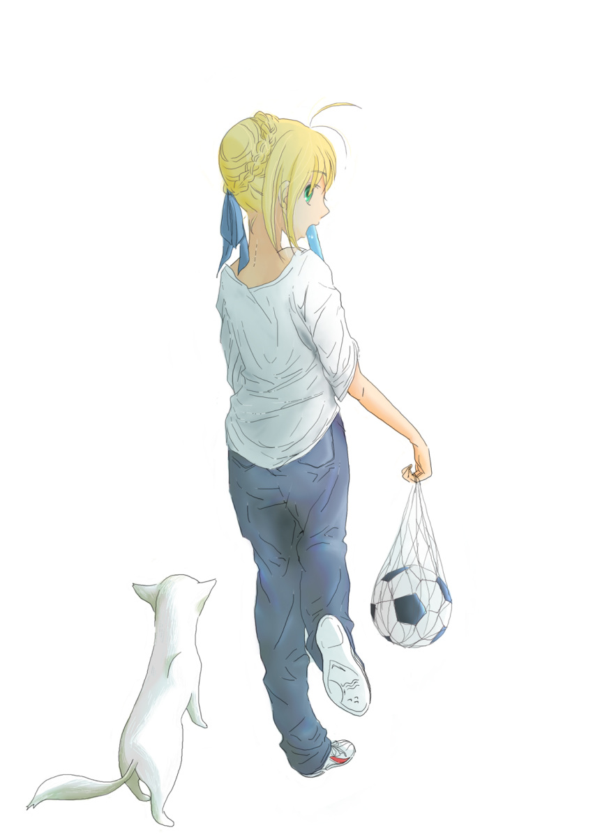 ahoge ball blonde_hair casual cat fate/stay_night fate_(series) from_behind hair_ribbon highres jeans looking_back popsicle ribbon saber shoes sneakers soccer_ball solo t-shirt