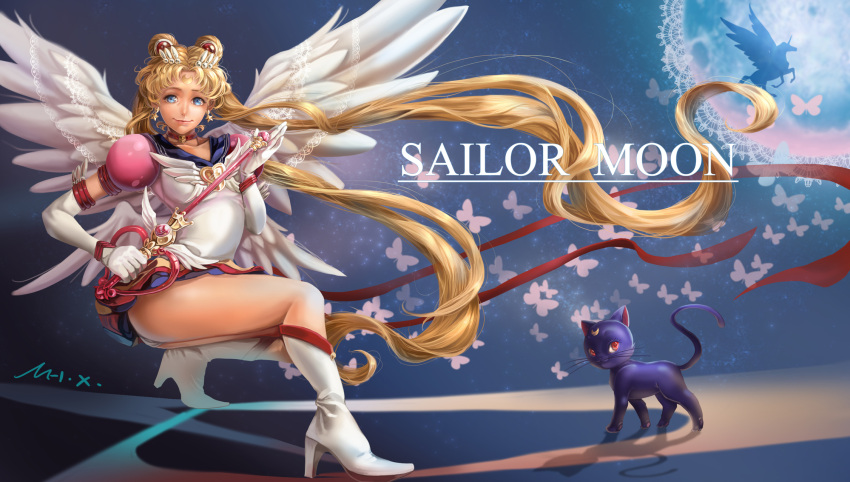bishoujo_senshi_sailor_moon blonde_hair blue_eyes boots brooch butterfly cat doily elbow_gloves eternal_sailor_moon floating_hair gloves hair_ornament hairclip high_heels highres jewelry long_hair luna_(sailor_moon) ribbon sailor_moon shoes shoumura_(mix) signature squatting staff tsukino_usagi twintails very_long_hair wings