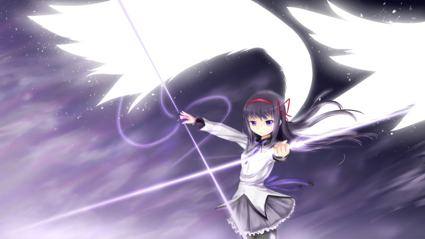 akemi_homura argyle argyle_legwear black_hair black_legwear hair_ribbon hairband highres holding large_wings long_hair mahou_shoujo_madoka_magica outstretched_arm pantyhose purple_eyes ribbon shimoku skirt solo violet_eyes white_wings wings