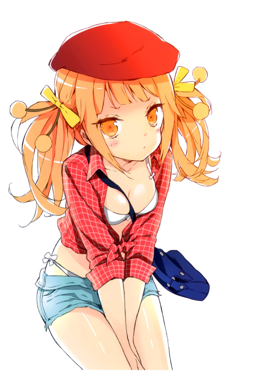 absurdres between_breasts between_thighs bikini breasts brown_eyes brown_hair cleavage cuteg cutoffs denim denim_shorts hair_ribbon hat highres kannagi_miyabi kono_naka_ni_hitori_imouto_ga_iru! leaning_forward long_hair official_art open_clothes open_shirt plaid plaid_shirt ribbon scan short_shorts shorts sleeves_rolled_up solo swimsuit tied_shirt white_bikini