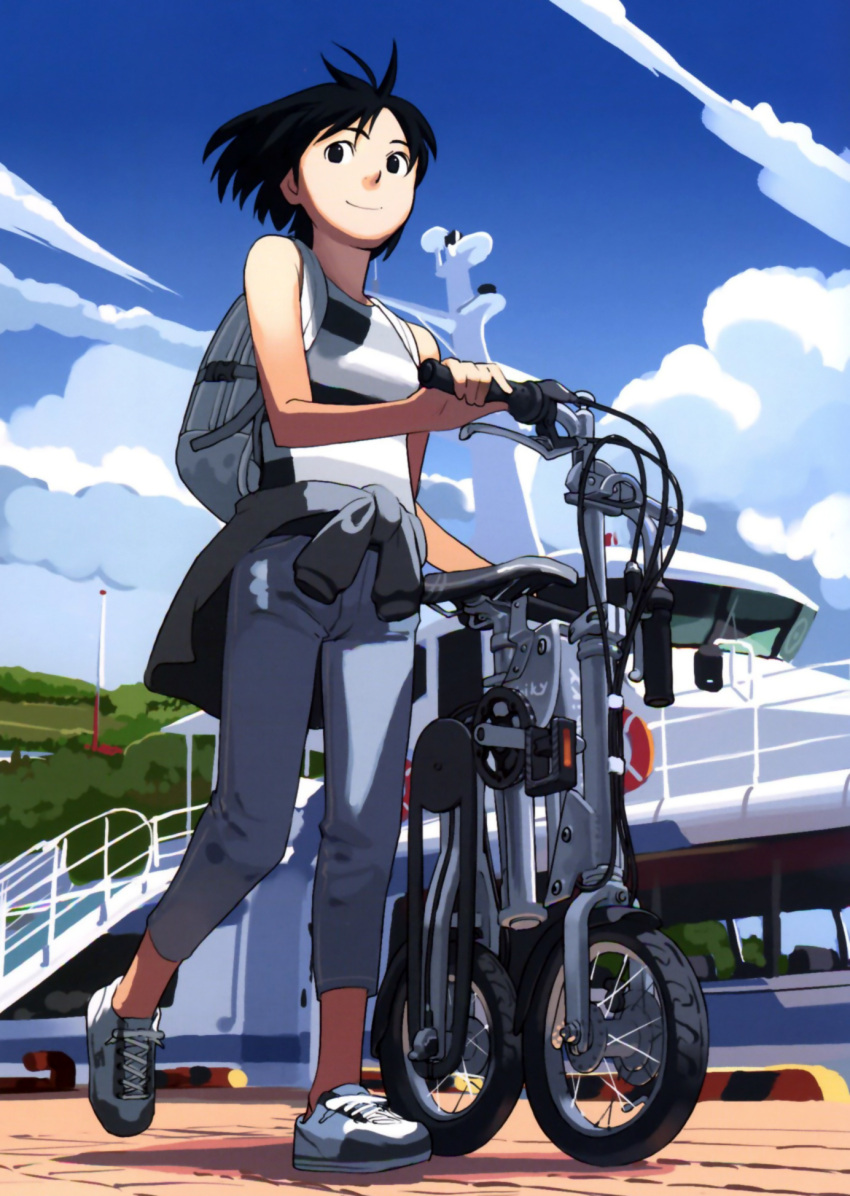 backpack bag bare_shoulders bicycle black_eyes black_hair blue_sky capri_pants folding_bicycle from_below highres no_socks original scan ship shirt shoes short_hair sky smile sneakers solo striped striped_shirt sweater_around_waist takamichi