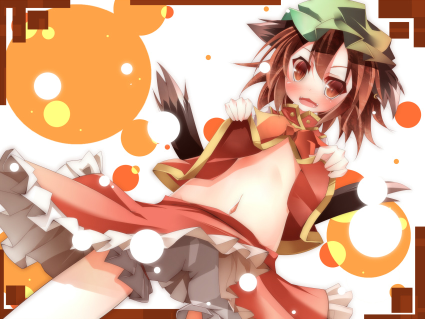 animal_ears bloomers blush brown_eyes brown_hair cat_ears cat_tail catgirl chen daidai_ookami dutch_angle earrings fang fangs flat_chest hat highres jewelry multiple_tails navel open_clothes open_mouth open_shirt revision shirt_lift short_hair skirt smile solo tail touhou