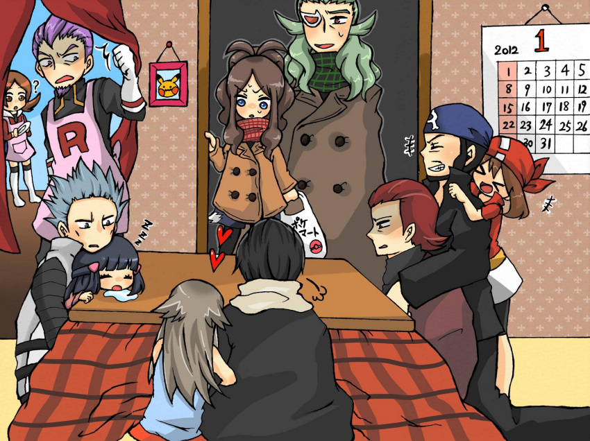 5girls 6+boys akagi_(pokemon) aogiri_(pokemon) apron blue_(pokemon) geechisu_(pokemon) haruka_(pokemon) hikari_(pokemon) hikari_(pokemon)_(remake) kotatsu kotone_(pokemon) lambda_(pokemon) matsubusa_(pokemon) multiple_boys multiple_girls pokemon pokemon_(game) pokemon_bw pokemon_dppt pokemon_frlg pokemon_hgss pokemon_rse sakaki_(pokemon) scarf table team_aqua team_galactic team_magma team_plasma team_rocket touko_(pokemon)