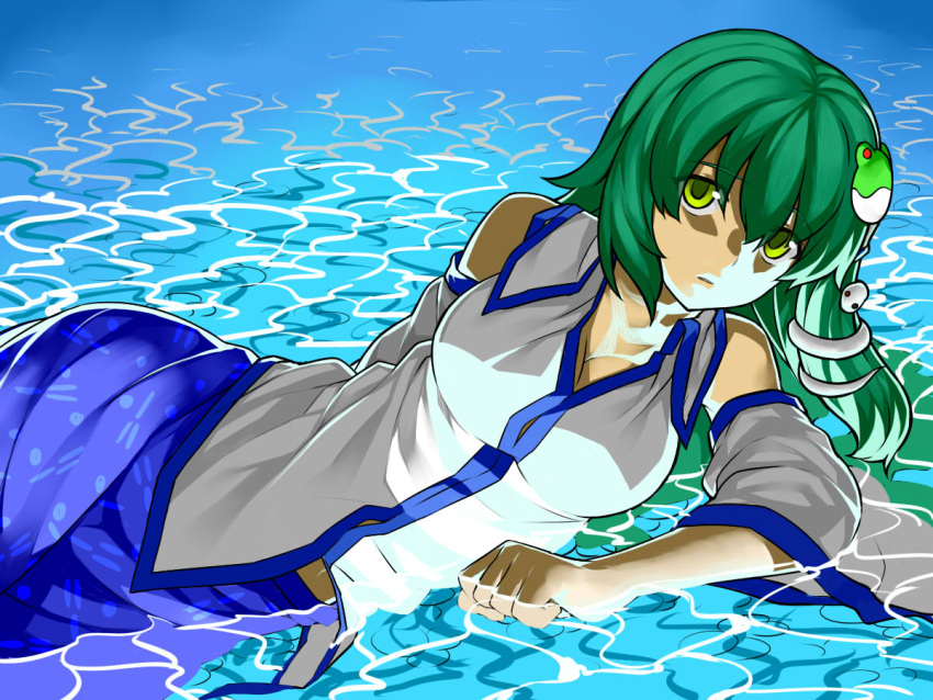 bare_shoulders breasts buoyant_hair cleavage detached_sleeves frog_hair_ornament green_eyes green_hair hair_ornament hair_tubes harumaki-0327 kochiya_sanae long_hair lying on_side skirt snake solo touhou water