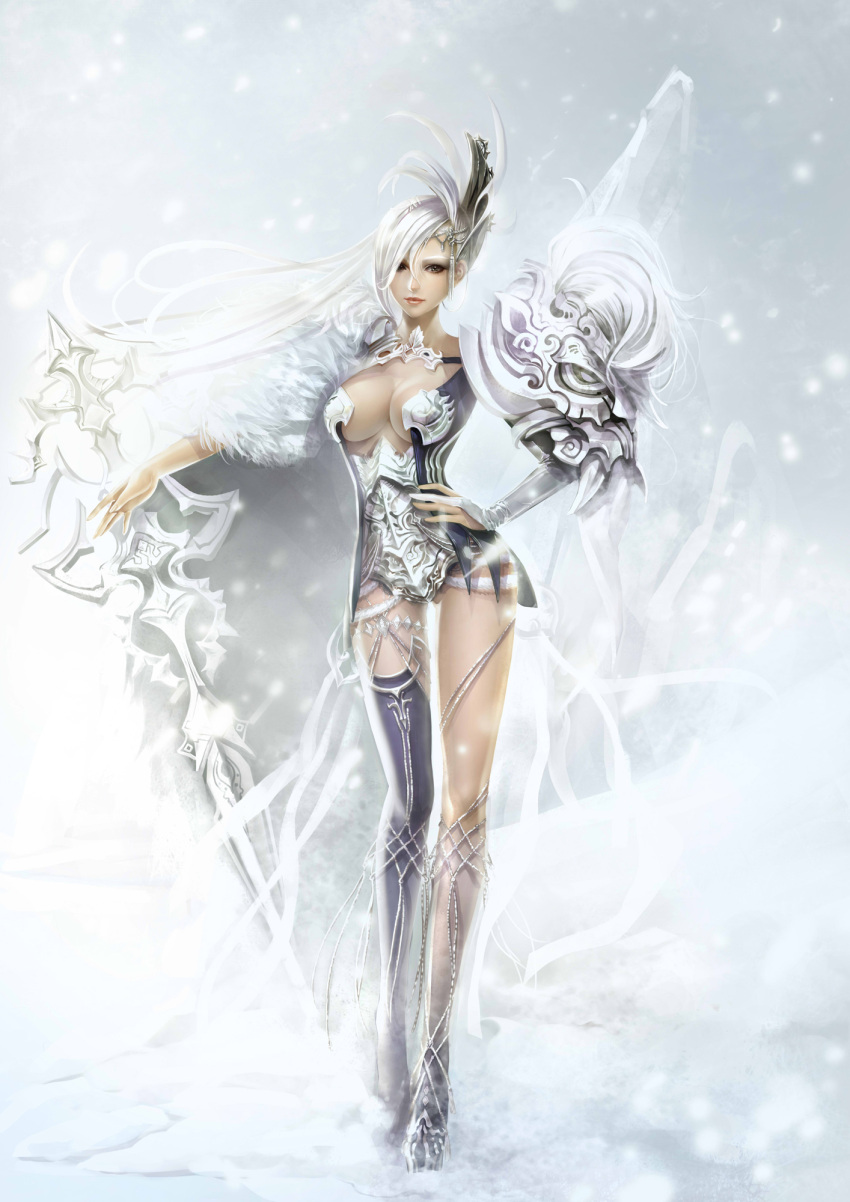 armor black_eyes breasts cleavage hair_ornament highres large_breasts legs long_hair original orry smile solo standing thigh-highs thighhighs white_hair