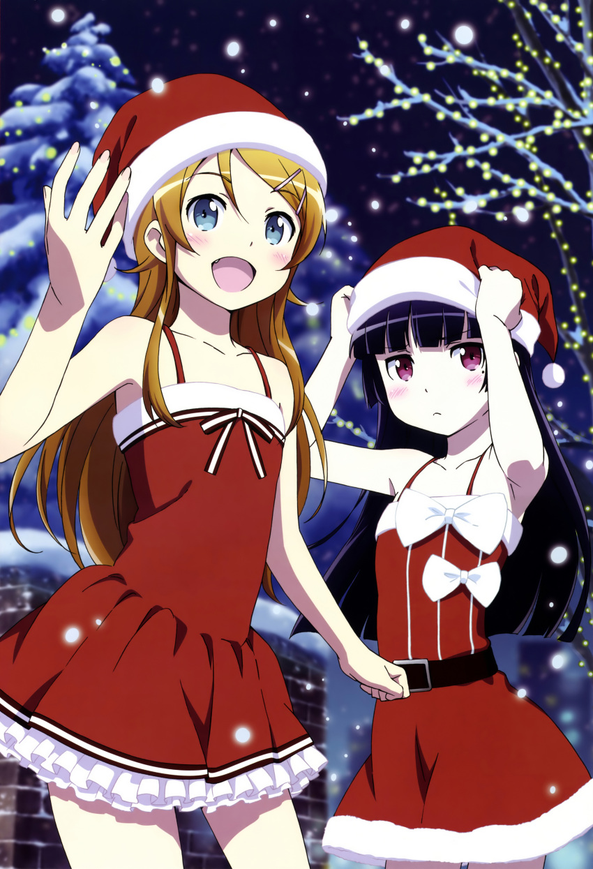 :d absurdres bangs bare_shoulders black_hair blue_eyes blunt_bangs christmas dress fang gokou_ruri hair_ornament hairclip hat highres kousaka_kirino long_hair mole multiple_girls open_mouth orange_hair ore_no_imouto_ga_konna_ni_kawaii_wake_ga_nai pale_skin purple_eyes red_dress santa_hat scan smile snow violet_eyes yoshikawa_maho