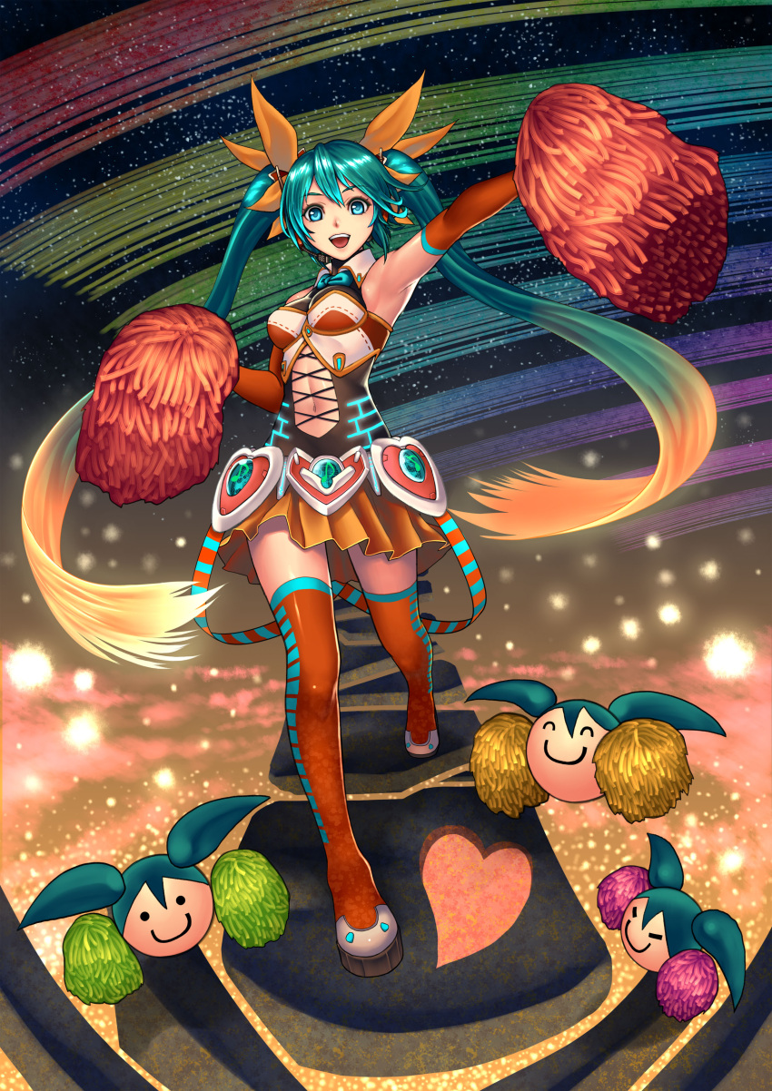 absurdres aqua_eyes aqua_hair armpits center_opening cheerleader gradient_hair hair_ornament hatsune_miku highres kasen_(kasenjiki) long_hair midriff multicolored_hair navel open_mouth orange_hair pom_poms revision skirt smile solo thigh-highs thighhighs twintails two-tone_hair very_long_hair vocaloid zettai_ryouiki