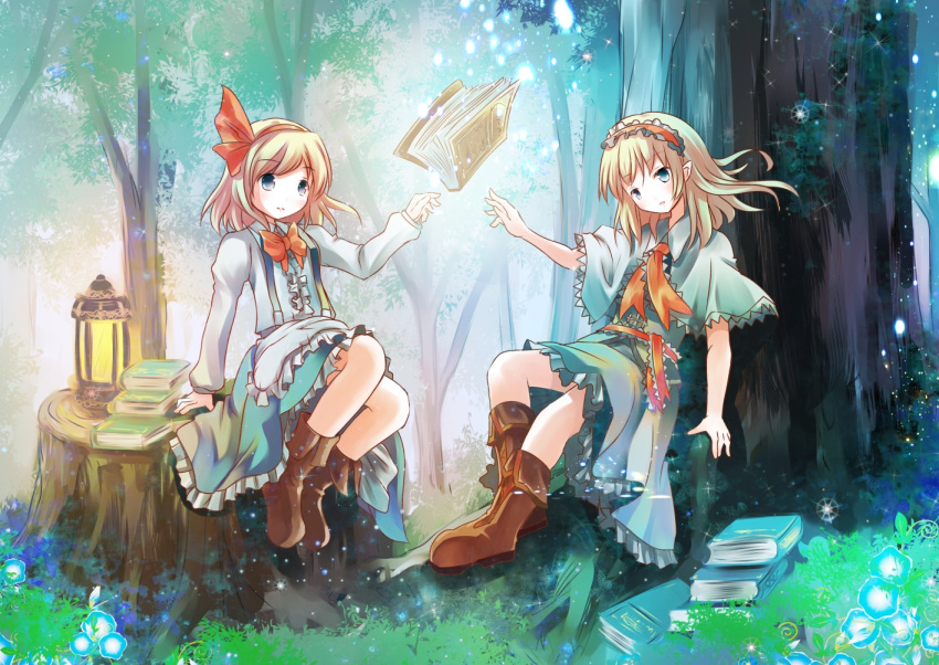 2girls alice_margatroid alice_margatroid_(pc-98) apron blonde_hair blue_eyes book boots bow capelet dress forest hair_ribbon headband knees_up lantern light_particles long_sleeves looking_at_viewer multiple_girls nature parted_lips ribbon risutaru sash sitting skirt stump suspenders time_paradox touhou touhou_(pc-98) waist_apron