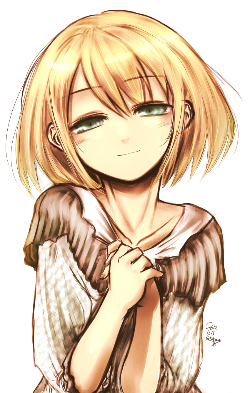 blonde_hair blush bust collarbone dated green_eyes highres kotoba_noriaki looking_at_viewer original short_hair signature smile solo white_background