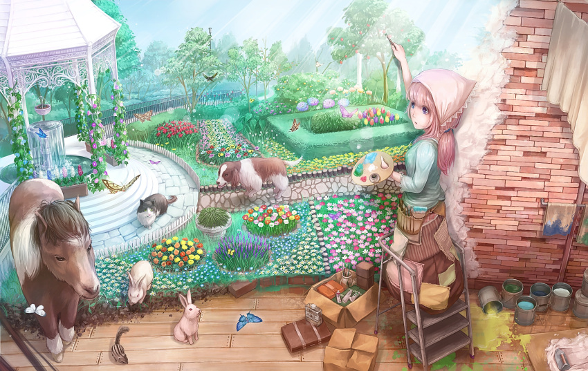 :o blue_eyes box brick brick_wall bunny bush butterfly cat colorful dirt dog flower fountain grass highres holding horse ivy lif original paint paint_bucket paintbrush painting pink_hair plant ponytail potted_plant rabbit revision scenery solo squirrel standing stepladder sunlight tree wooden_floor