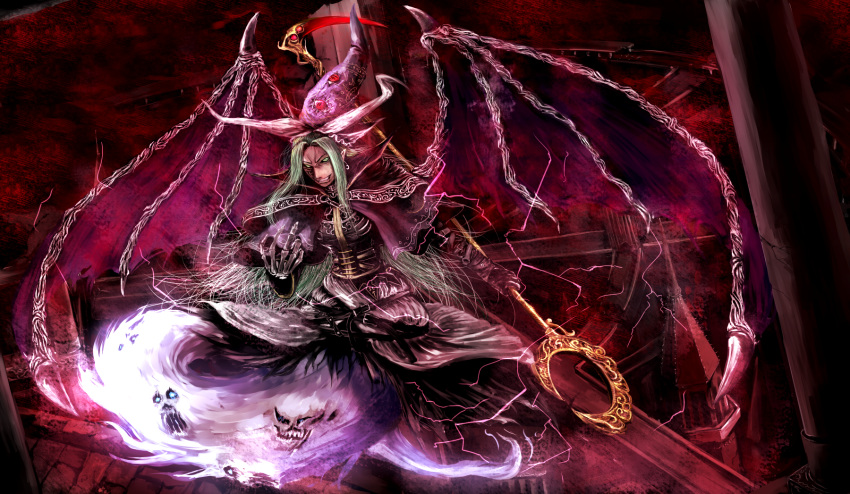 adapted_costume belt blue_eyes building capelet chama_(painter) demon_wings ghost_tail green_eyes green_hair grin hat highres long_hair mima open_mouth pointy_ears smile solo staff touhou touhou_(pc-98) wings wizard_hat