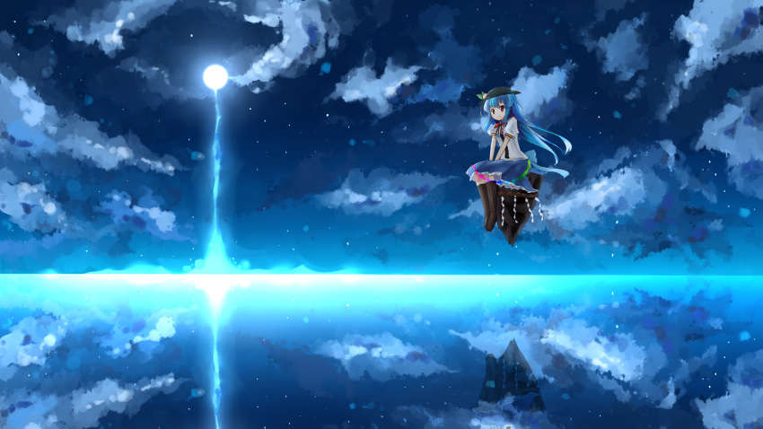 blue_hair boots cloud clouds dress food fruit full_moon hat highres hinanawi_tenshi keystone long_hair moon night night_sky peach red_eyes reflection scenery shuizao_(little_child) sitting skirt sky smile solo touhou water