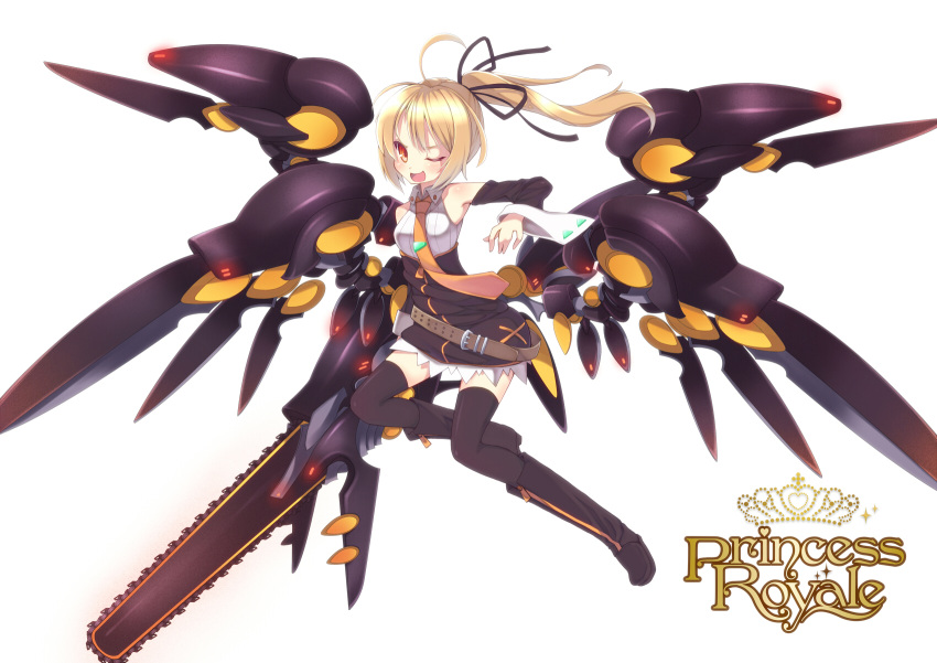 belt blonde_hair chainsword cicin highres mechanical_wings necktie odin original ponytail princess_royale red_eyes thighhighs wings wink