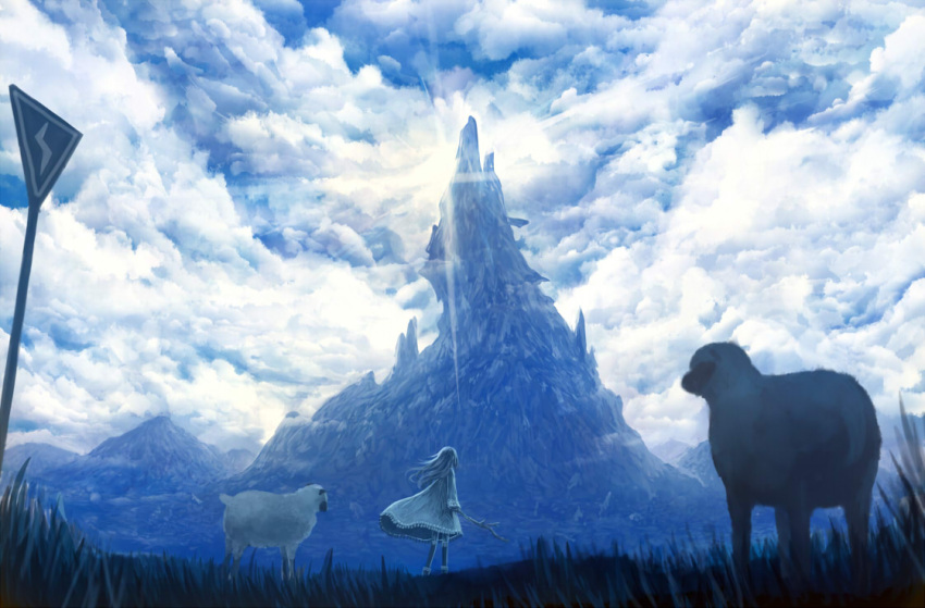 animal bou_nin cloud clouds dress from_behind grass landscape long_hair mountain original scenery scenic sheep signpost sky stick