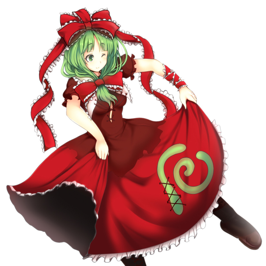 arm_ribbon blush boots bow breasts cross-laced_footwear curtsey dress frills front_ponytail ginji74 green_eyes green_hair hair_bow hair_ornament hair_ribbon highres kagiyama_hina lace-up_boots long_hair red_dress ribbon short_sleeves simple_background skirt_hold smile solo touhou white_background wince winch wink