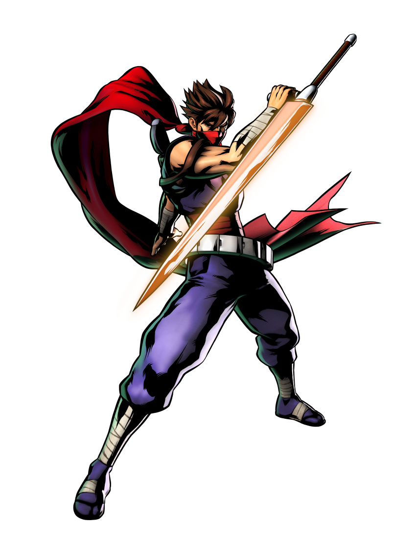 1boy absurdres belt boots brown_hair capcom energy_sword fighting_stance full_body highres male marvel_vs._capcom marvel_vs._capcom_3 marvel_vs_capcom marvel_vs_capcom_3 mask mori_toshiaki ninja official_art plasma_sword red_scarf scarf science_fiction shinkiro short_hair simple_background solo standing strider_(video_game) strider_hiryu strider_hiryuu sword tonfa transparent_background weapon white_background